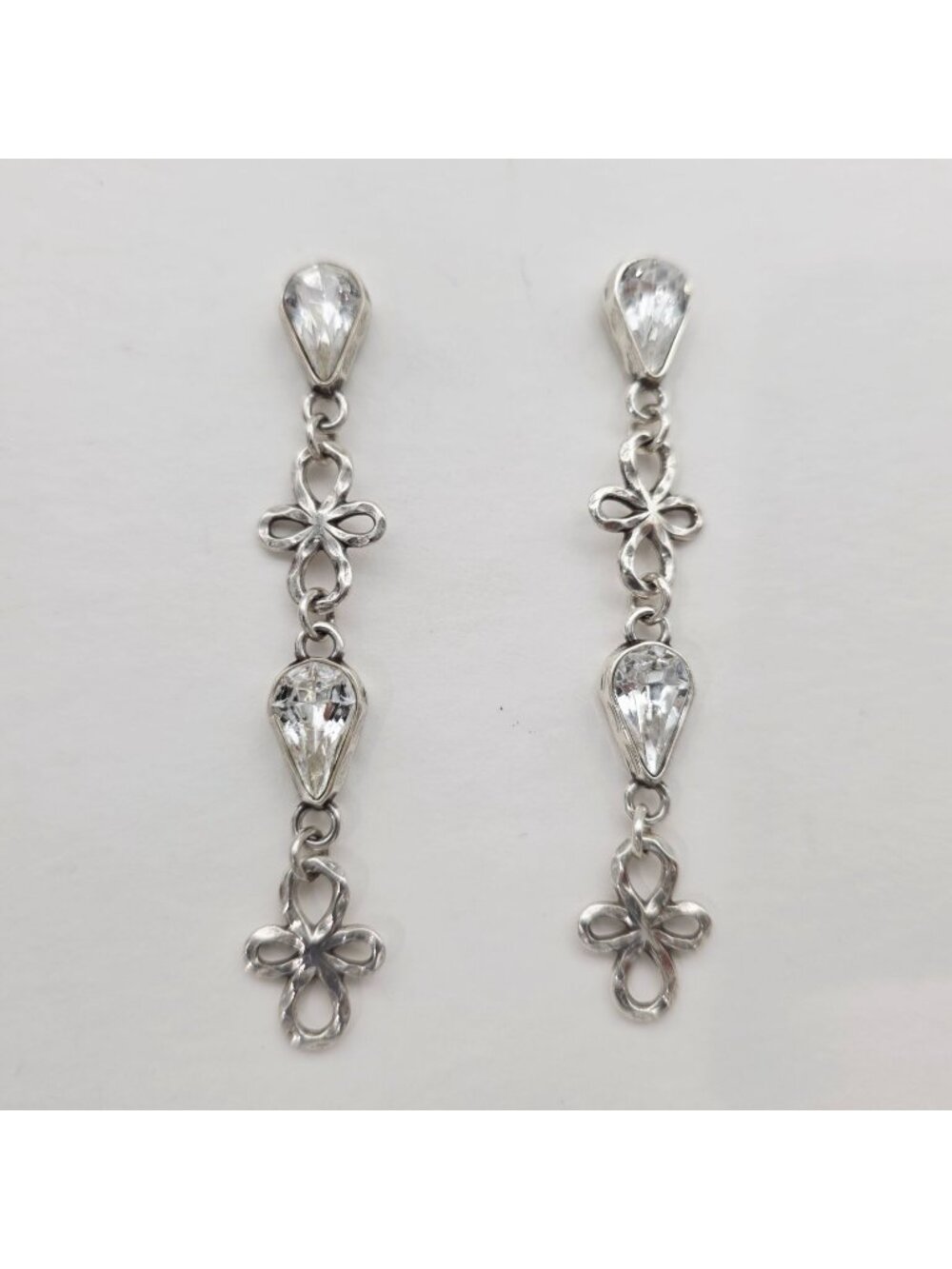 Brighton Earrings Silver Tone Rhinestone Floral Long Dangle Pieced Earrings